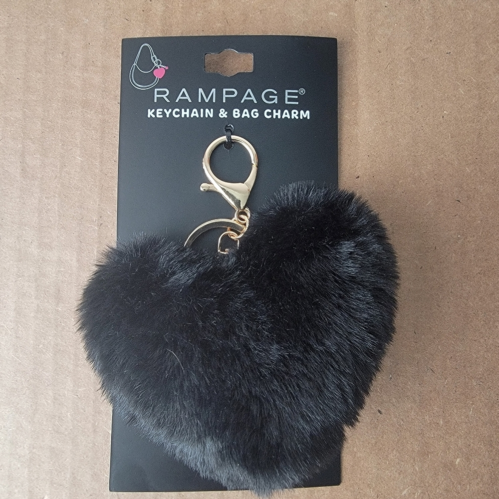 Rampage Plush Faux Fur Black Heart Keychain & Bag Charm